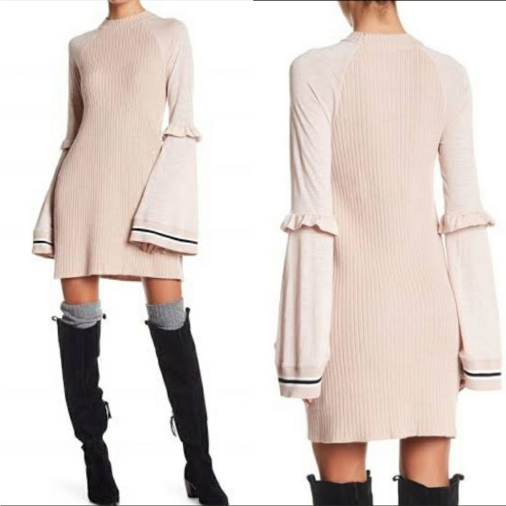 Free People Zou Bizou Bell Sleeve Ribbed Knit Tan Dress Size Small